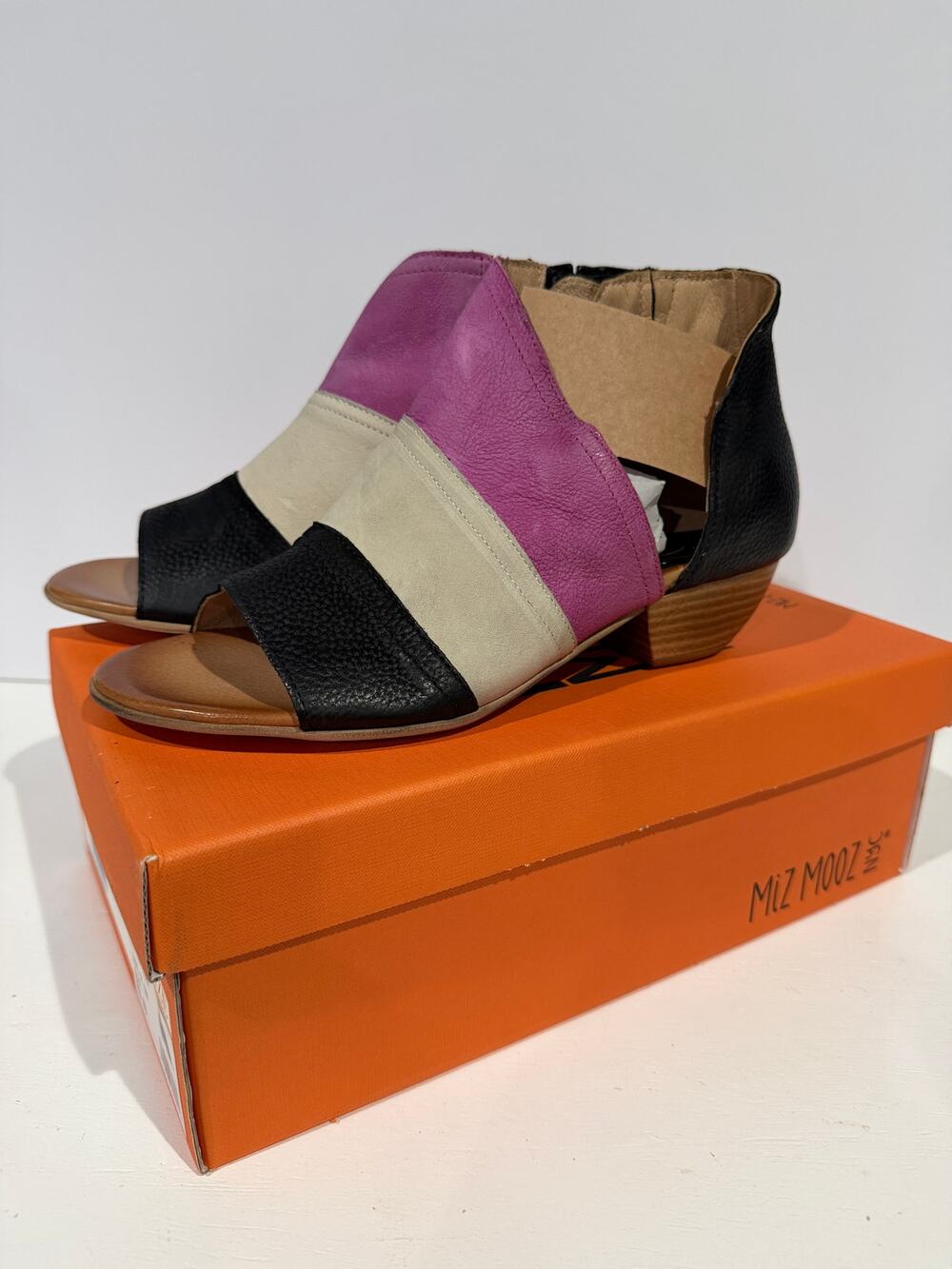 Miz Mooz Celeste Heeled Sandals Leather Patchwork Colorblock Sz 40/9 US WIDE NEW